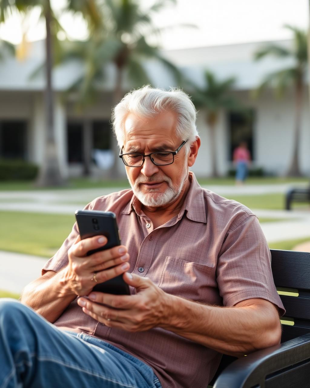 A person comfortably reading a local offer on a smartphone outdoors