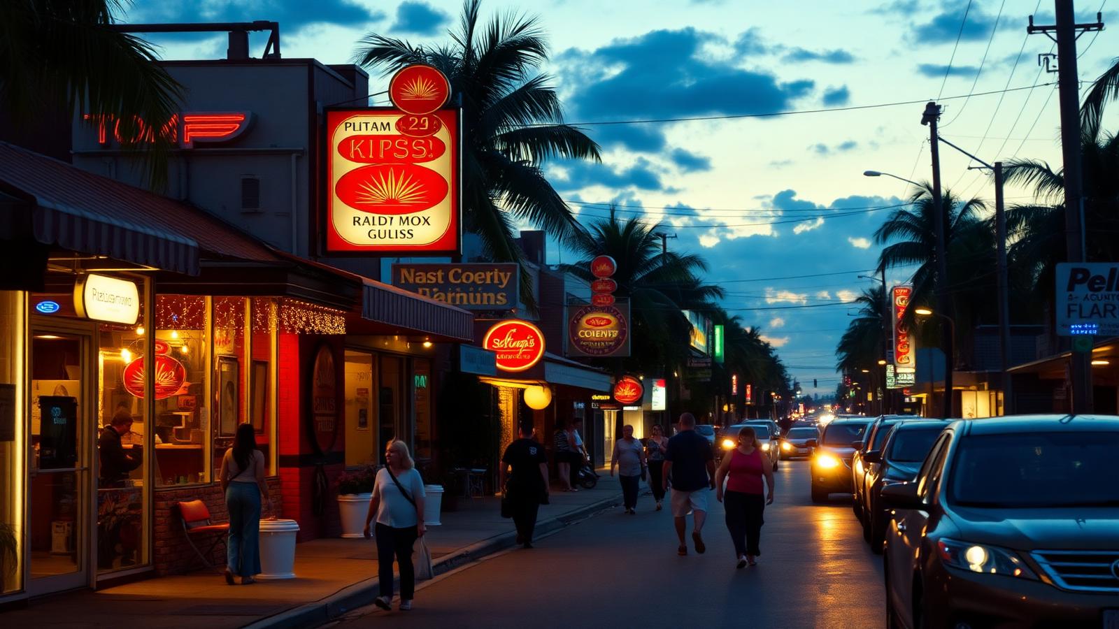 Neighborhood main street at dusk in South Florida