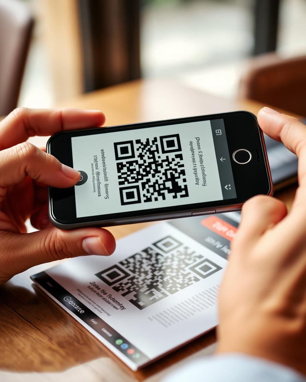 Hands scanning a QR code on a printed ad with a phone