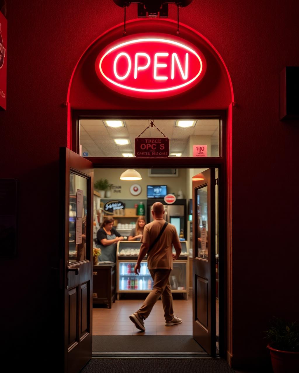 Customer walking into a small local storefront