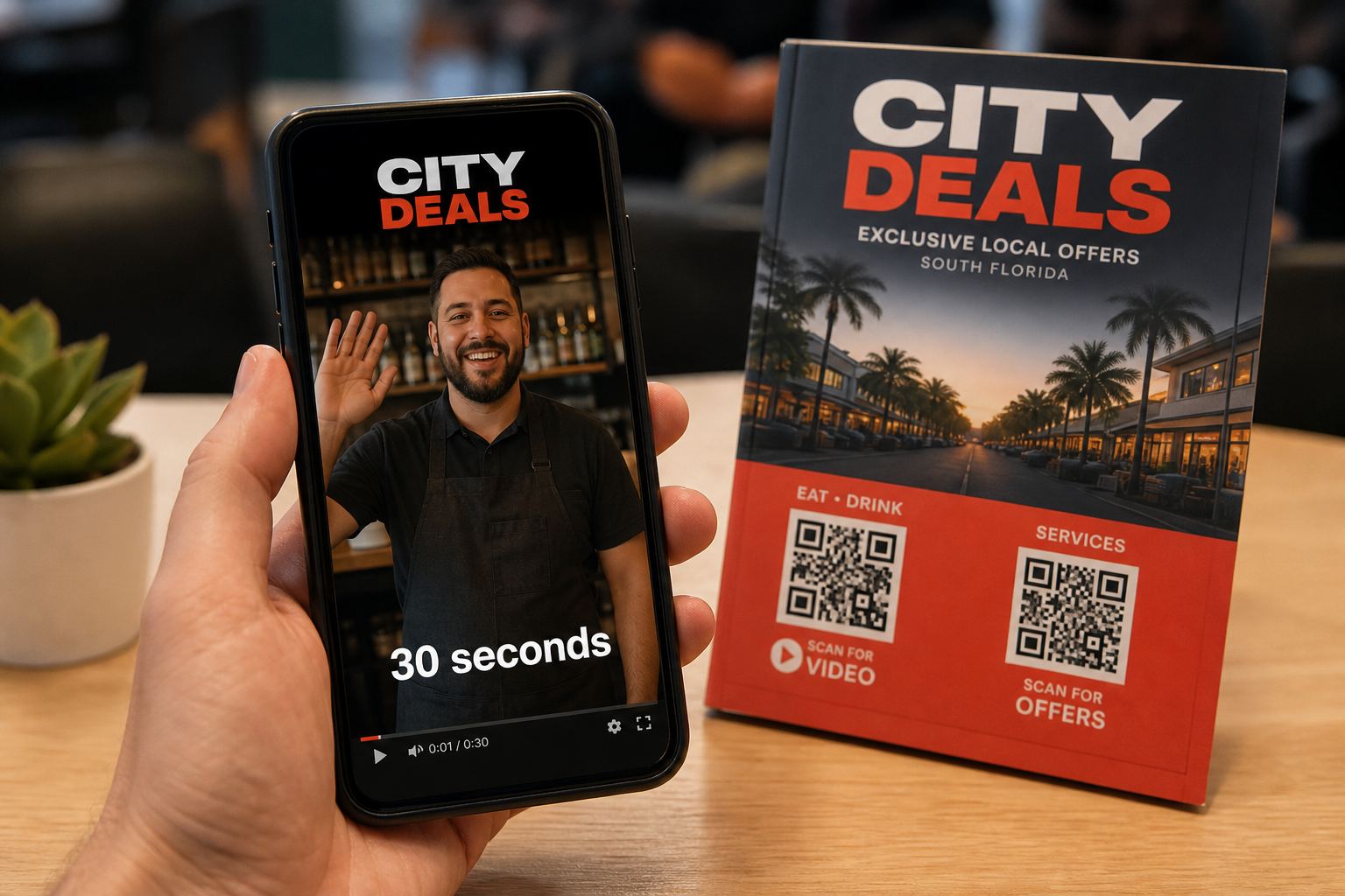Phone playing the City Deals 30-second shop video