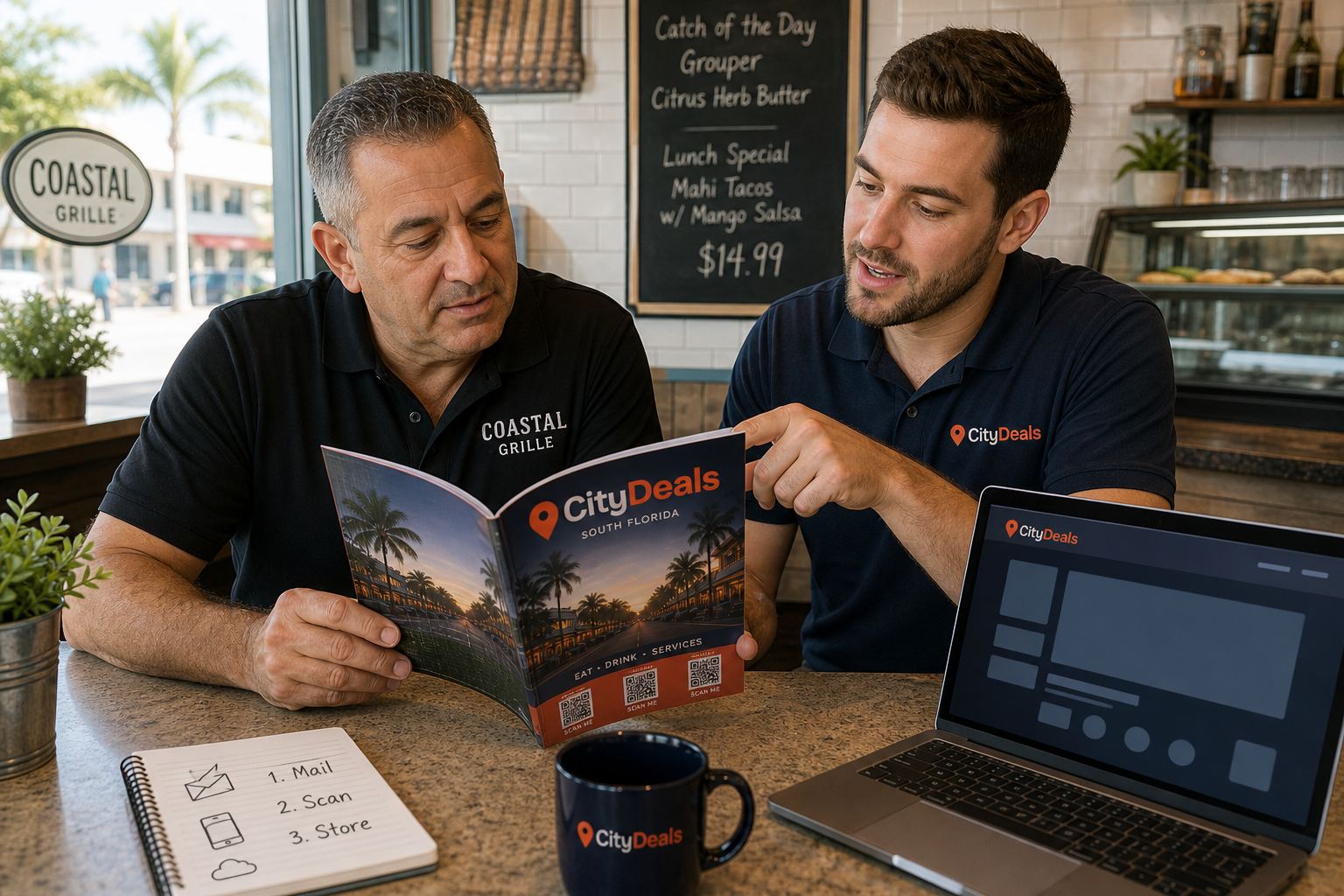 Shop owner looking at a City Deals magazine on the counter
