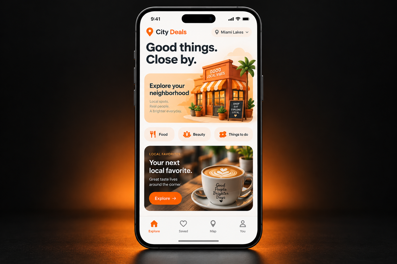 Concept preview of the City Deals app: a friendly local discovery experience with nearby places, saved offers and a neighborhood map