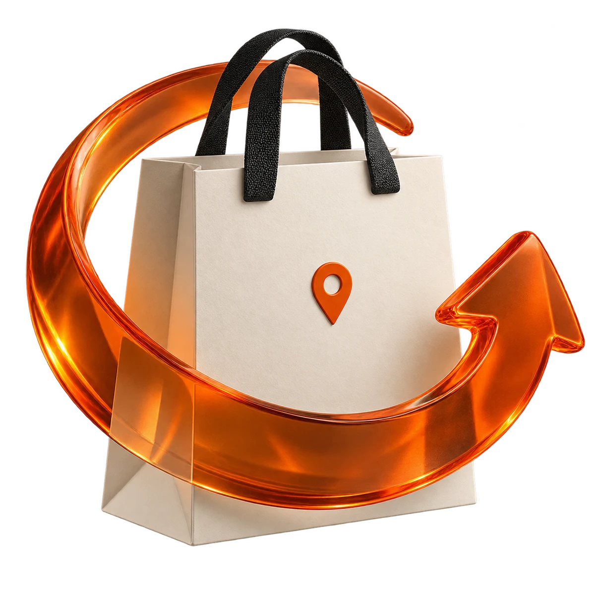 An orange glass return arrow around a local shopping bag