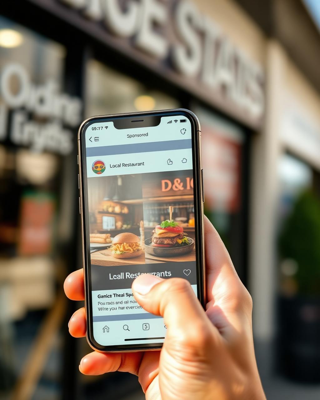 A hand holding a phone showing a sponsored ad for a local restaurant