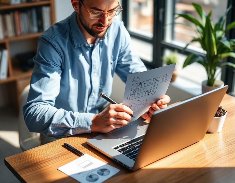 Marketer sketching an ad plan next to a laptop