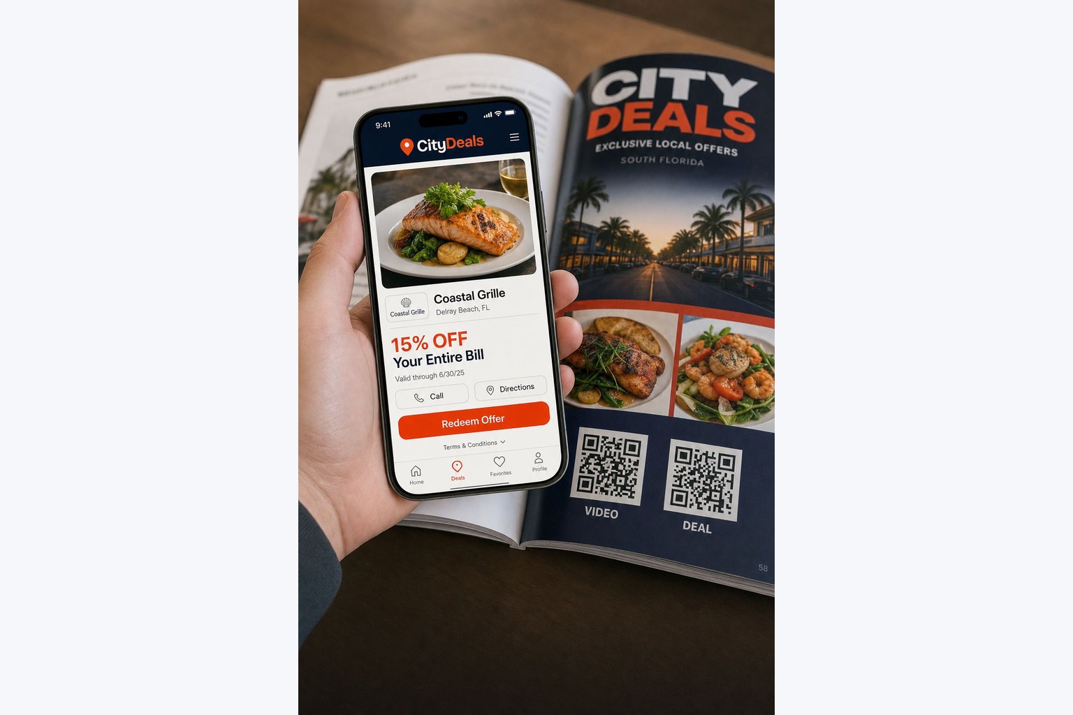 Phone showing a City Deals coupon next to the magazine
