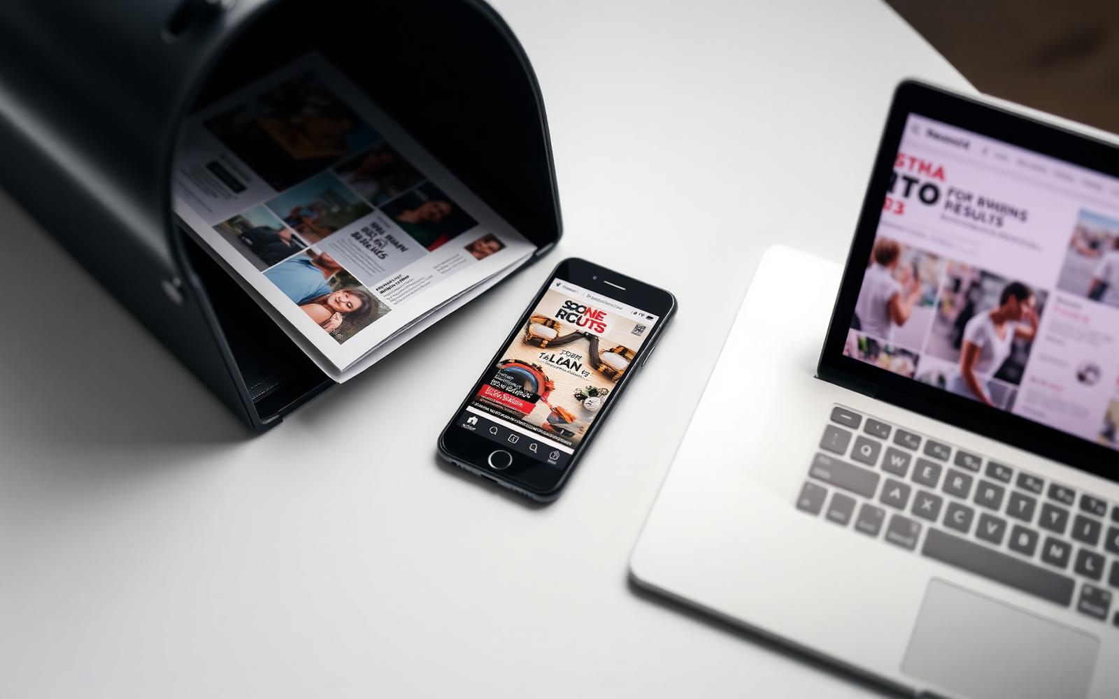 Mailbox with a magazine, a smartphone with ads, and a laptop showing local search results
