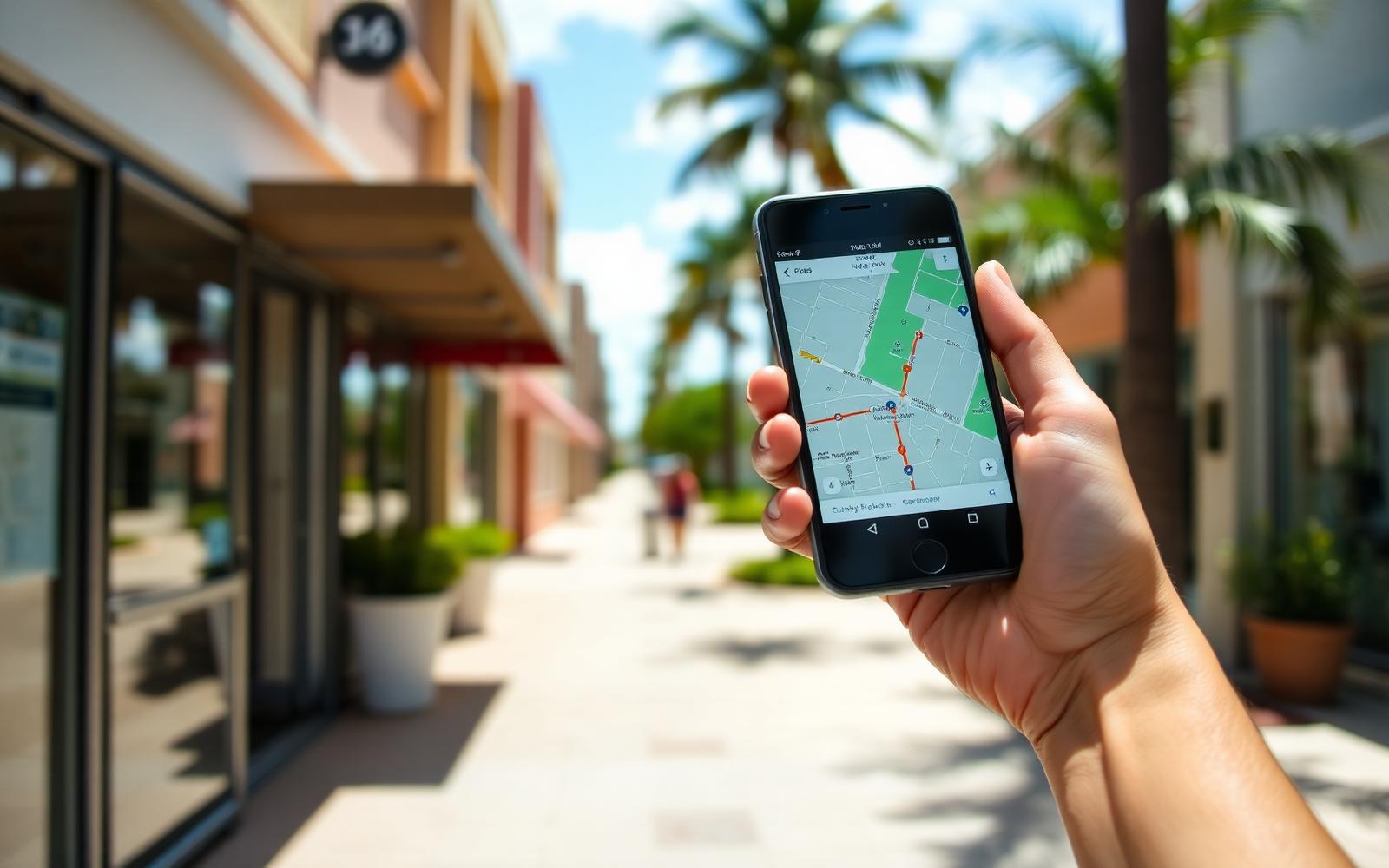 Person holding a phone with directions in front of a small South Florida storefront