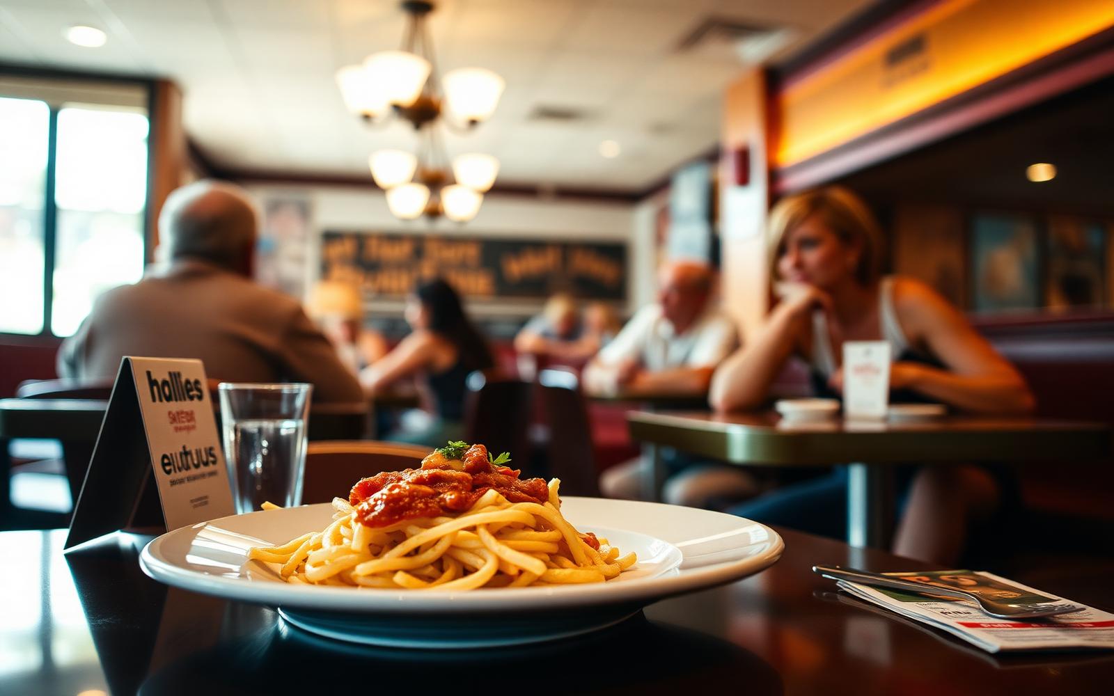 Warm South Florida restaurant interior with a plated dish in the foreground and diners behind