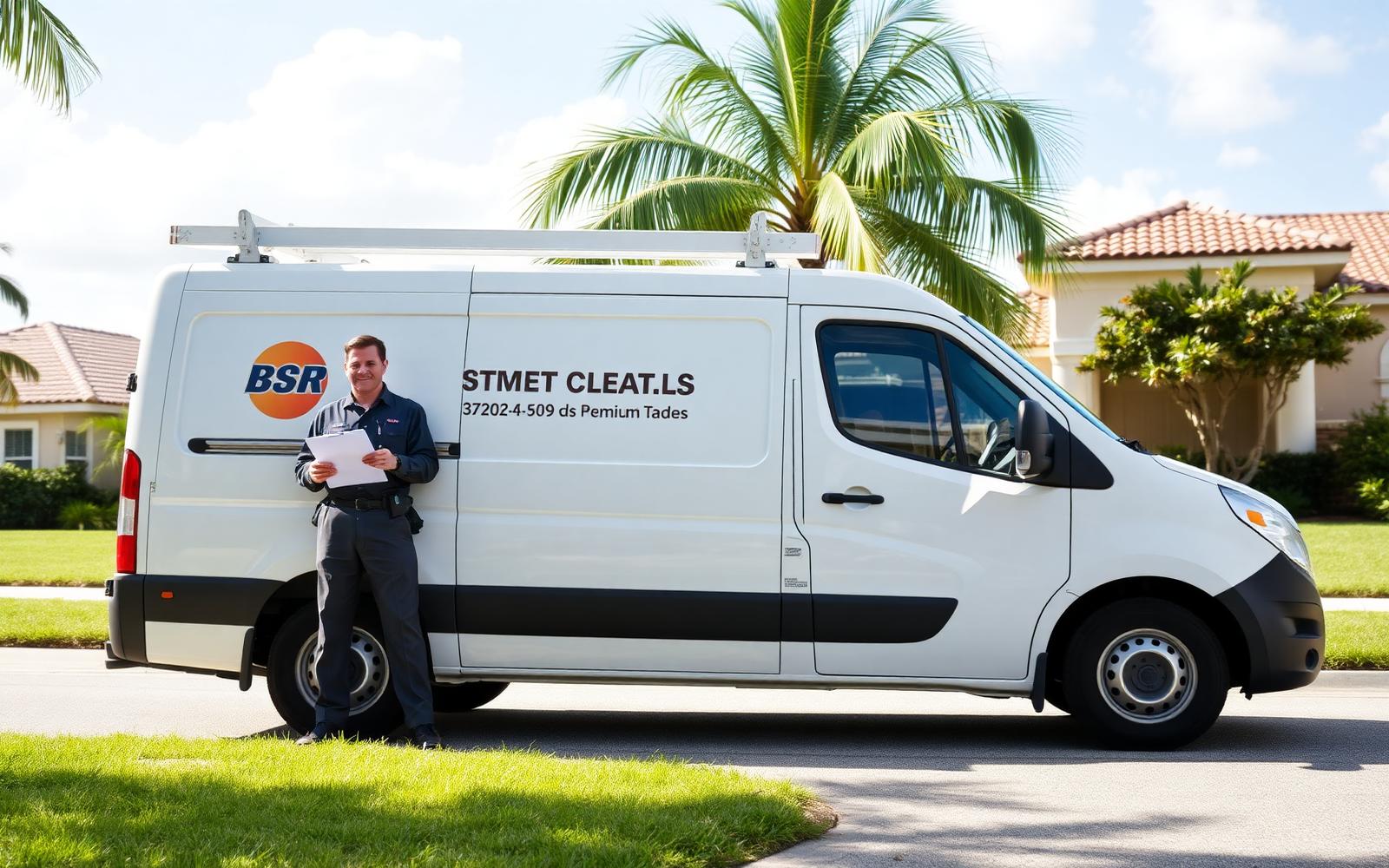Service technician with a clipboard beside a white work van on a sunny suburban street