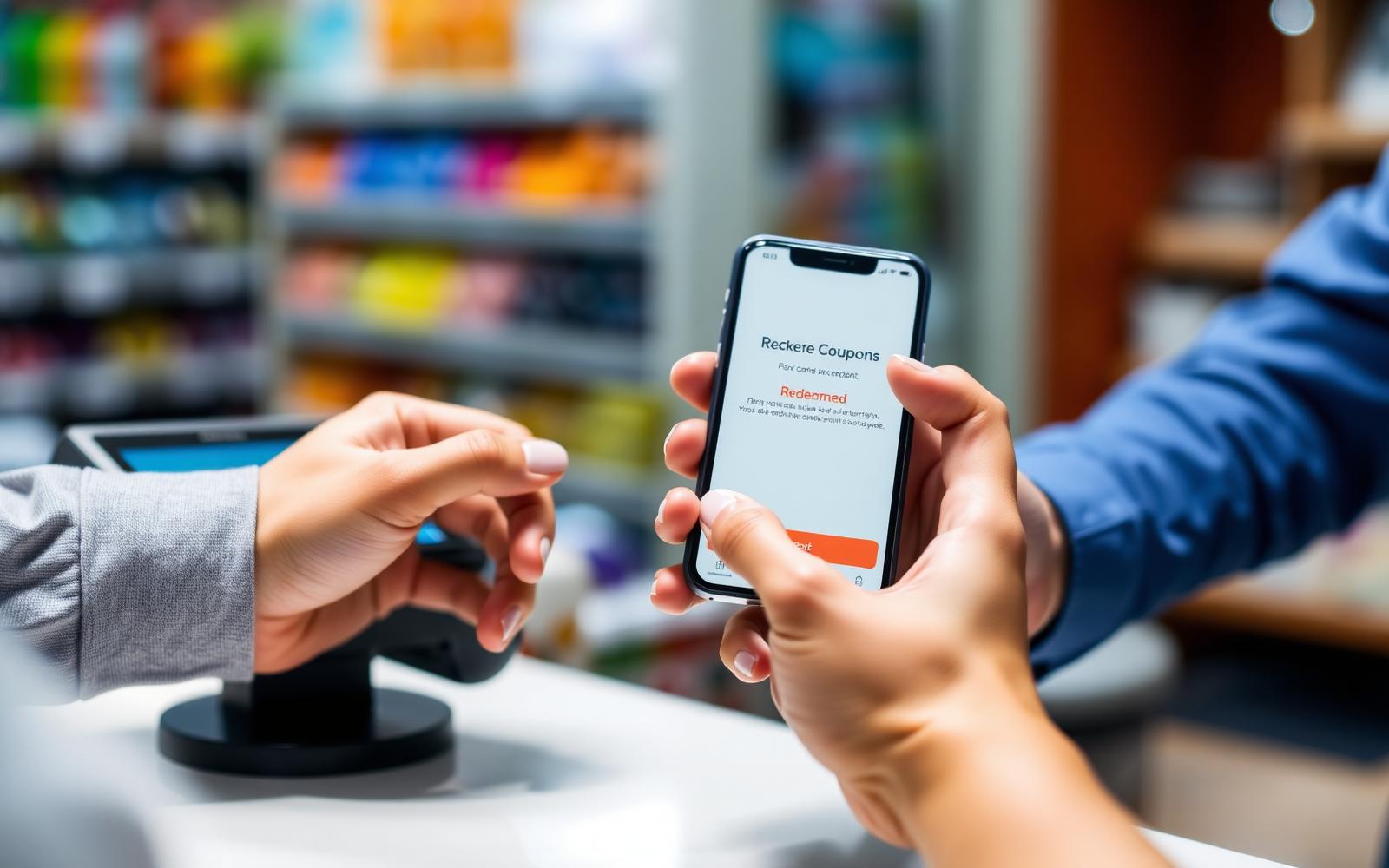 Customer redeeming a mobile coupon on a phone at a shop counter