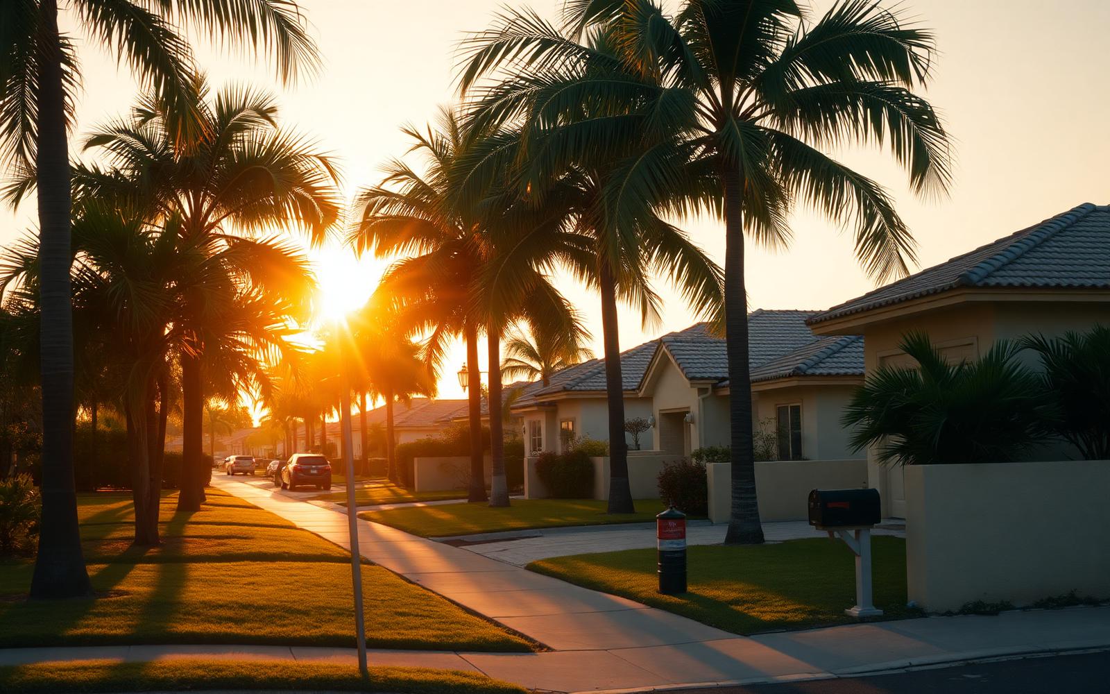 Golden hour on a Miami-Dade suburban street with palms, stucco homes and mailboxes