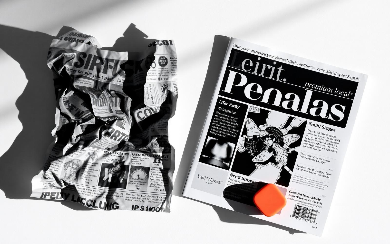 A crumpled junk flyer in shadow next to a clean premium local magazine with a QR code in light