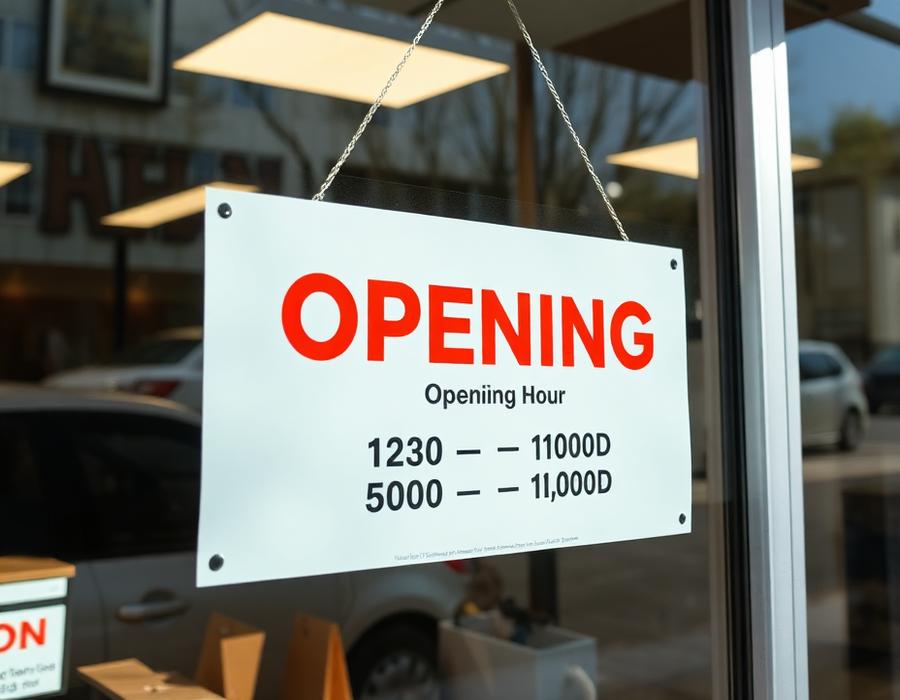 Storefront window with a printed opening-hours sign
