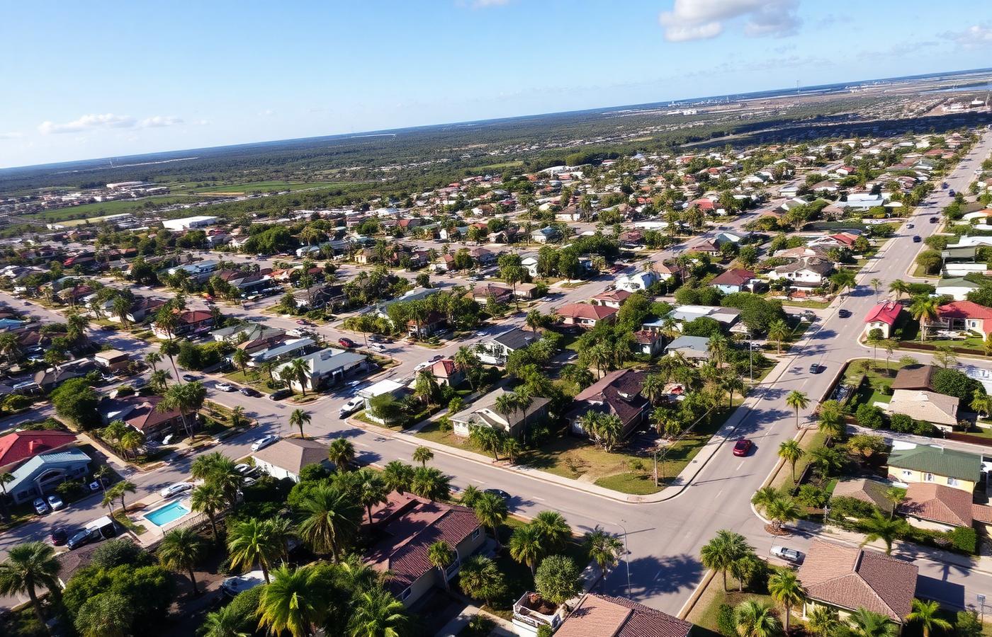Aerial view of a South Florida neighborhood with local commercial strips