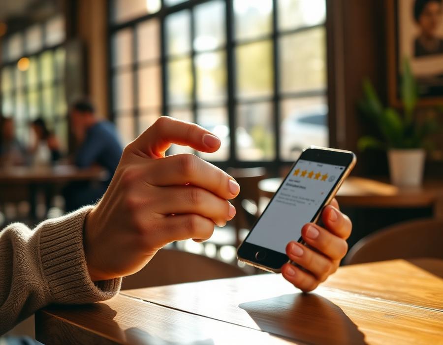 Customer leaving a review on a phone at a cafe table