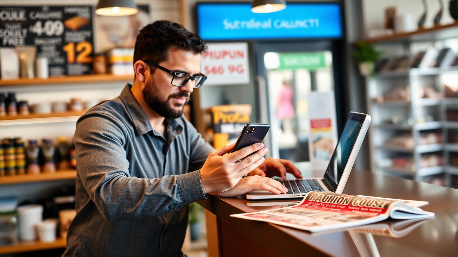 Local business owner reviewing a digital campaign on a laptop and phone beside a printed City Deals magazine