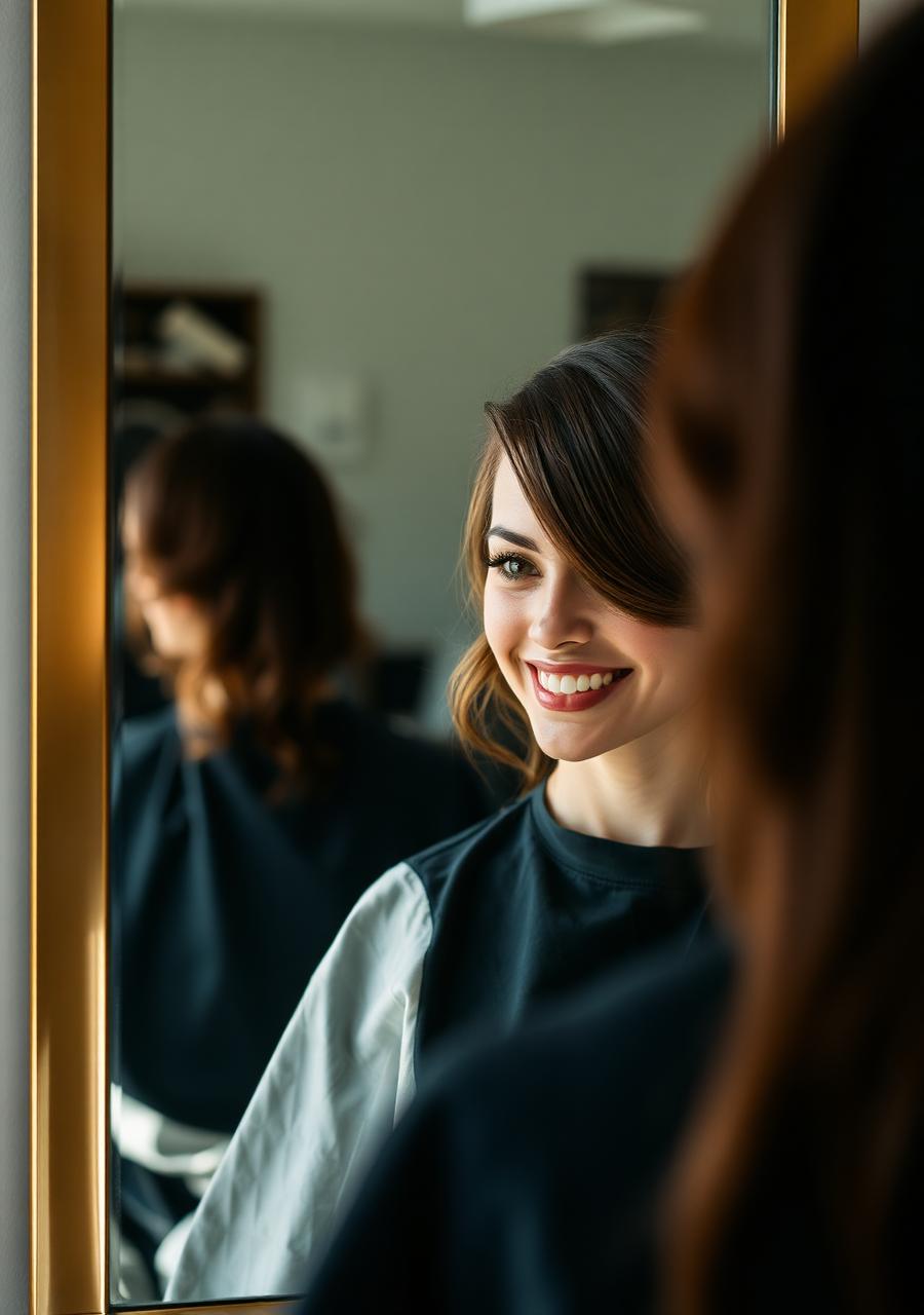 Happy salon client seen in the mirror