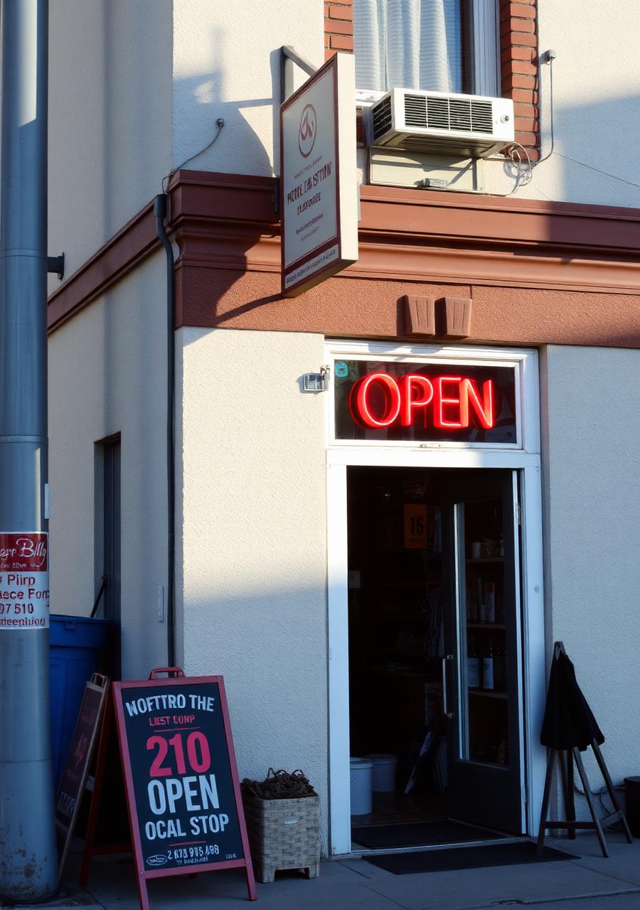 Small shop exterior with an open sign