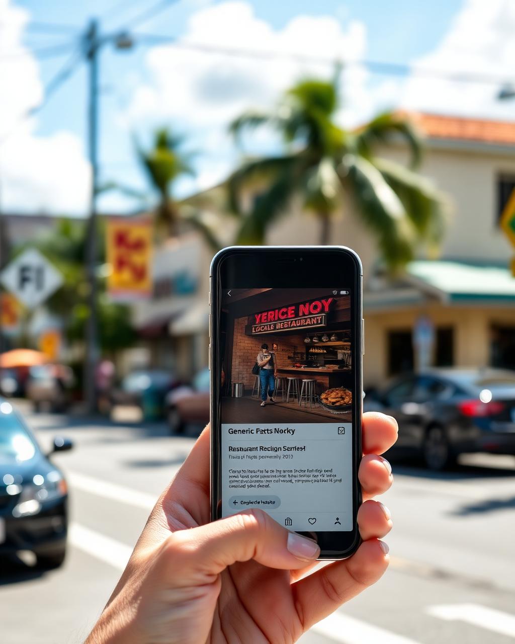 Hand holding a phone showing a paid social ad for a local South Florida restaurant