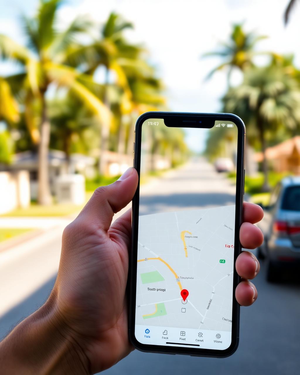 Phone showing a map with a location pin for a South Florida business