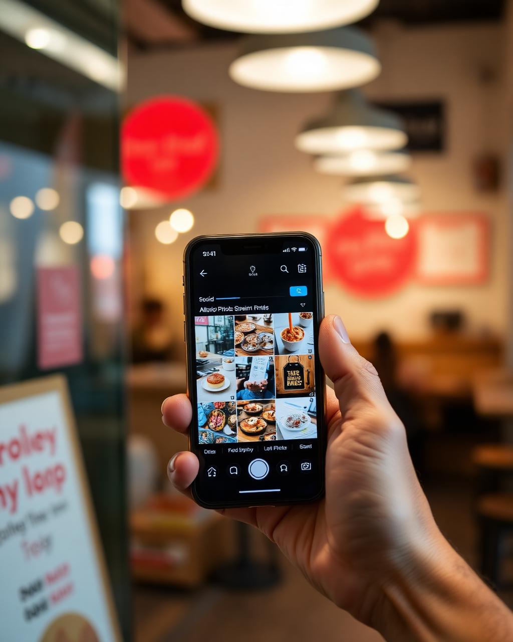 Phone showing a local business social feed of food and storefront photos