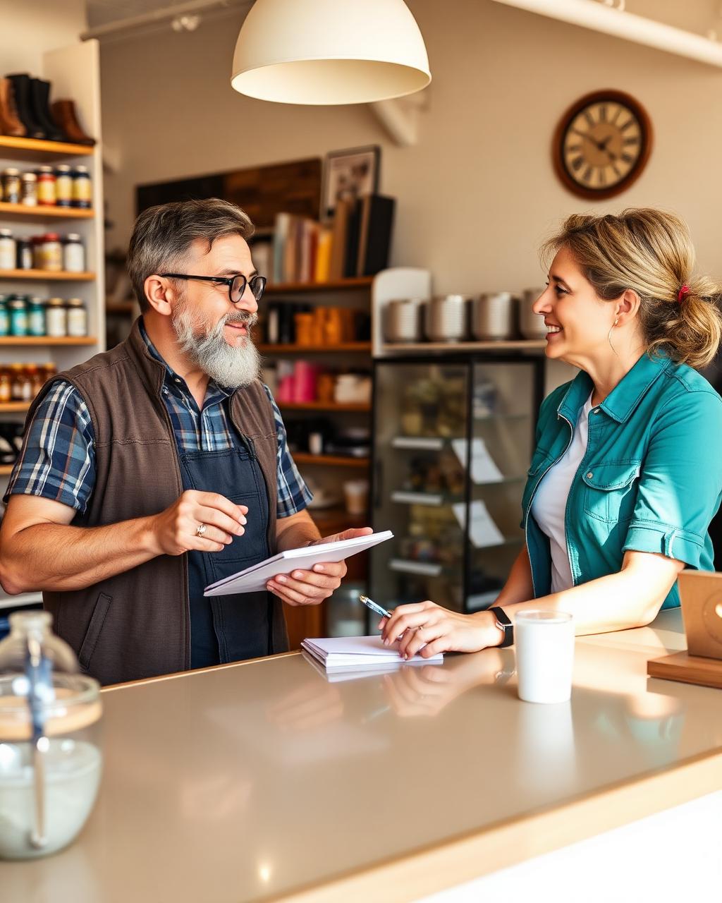 Local shop owner talking with a marketing consultant across the counter