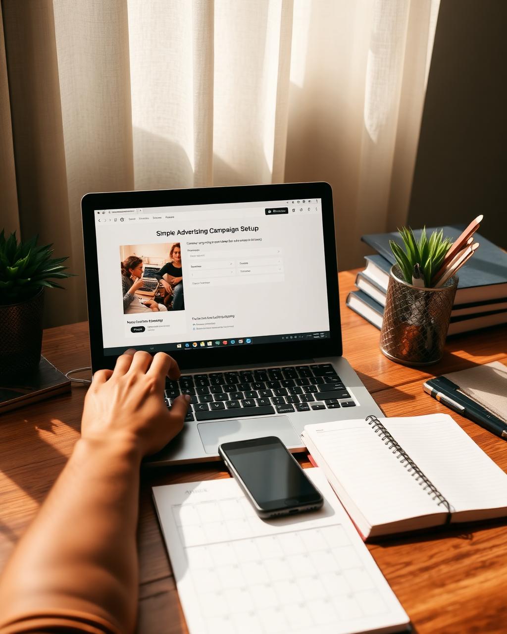 Hands on a laptop setting up an advertising campaign next to a content calendar