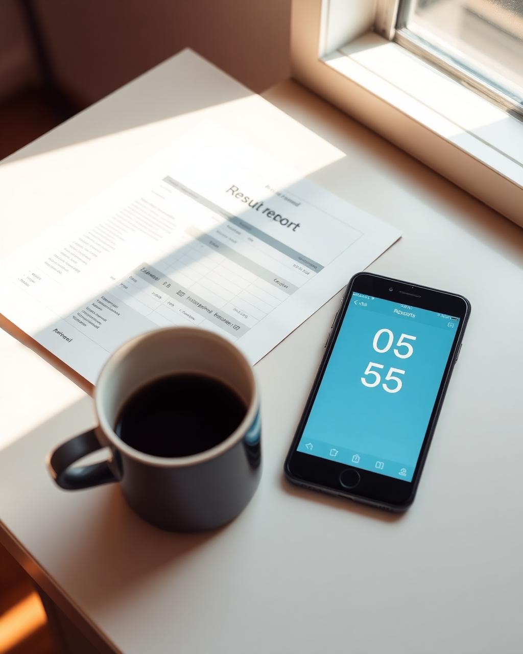 A one-page printed results report on a counter next to a phone showing clear numbers